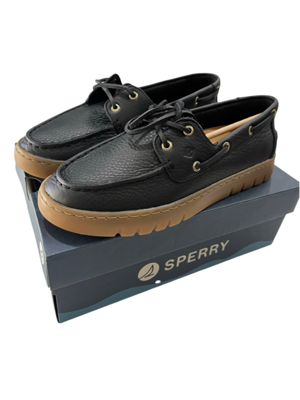Sperry NIB Keely Womens Boat Shoes Black Leather Gum Sole Lug Platform Size 8